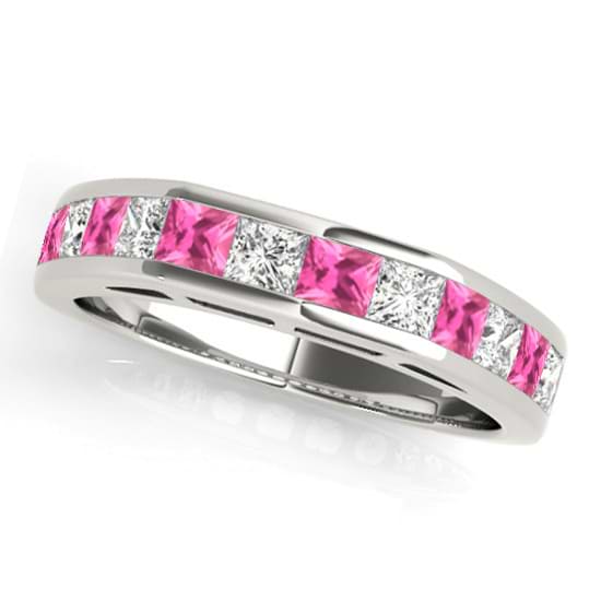 Diamond and Pink Sapphire Accented Wedding Band 18k White Gold 1.20ct