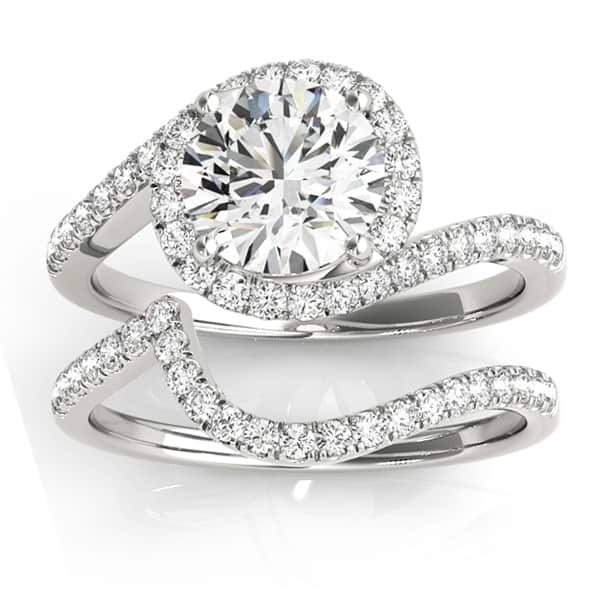 Lab Grown Diamond Halo Swirl Bridal Engagement Ring Set14k White Gold 0.43ct