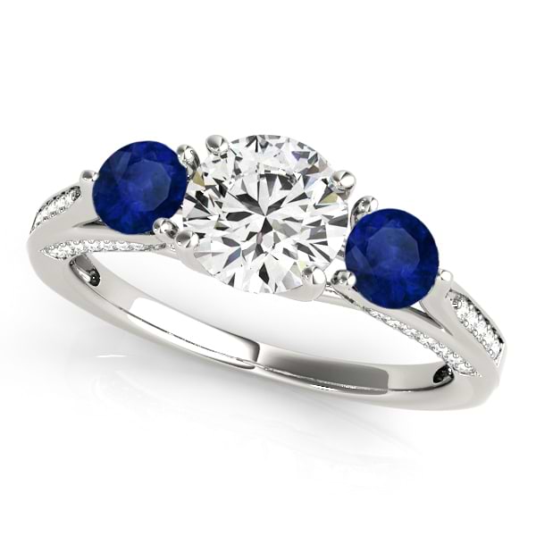 Three Stone Round Blue Sapphire Engagement Ring 18k White Gold (1.69ct)