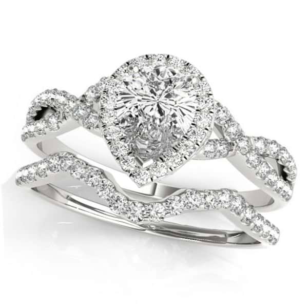 Twisted Pear Diamond Engagement Ring Bridal Set 14k White Gold (1.07ct)