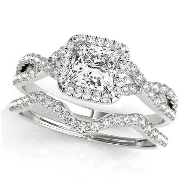Twisted Princess Diamond Engagement Ring Bridal Set 18k White Gold (1.07ct)