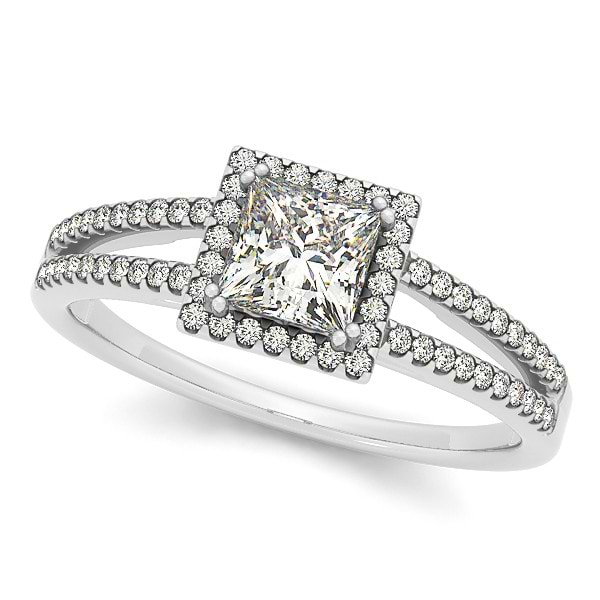 Princess Cut Diamond Halo Engagement Ring Split Shank 14k W Gold 0.70ct