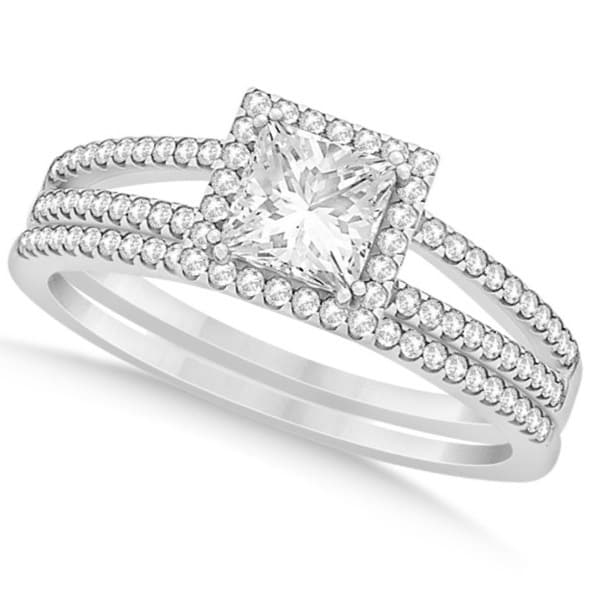Princess Cut Diamond Split Shank Halo Bridal Set in 14k W. Gold 1.30ct