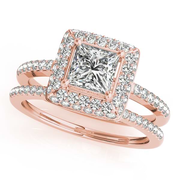 Princess Cut Diamond Halo Bridal Set 14k Rose Gold (2.20ct)