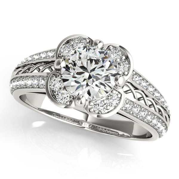 Micro-pave' Flower Halo Diamond Engagement Ring 14k White Gold 2.00ct