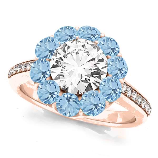 Floral Design Round Halo Aquamarine Engagement Ring 18k Rose Gold (2.50ct)