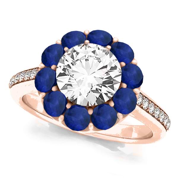 Floral Diamond & Blue Sapphire Halo Engagement Ring 14k Rose Gold (2.50ct)