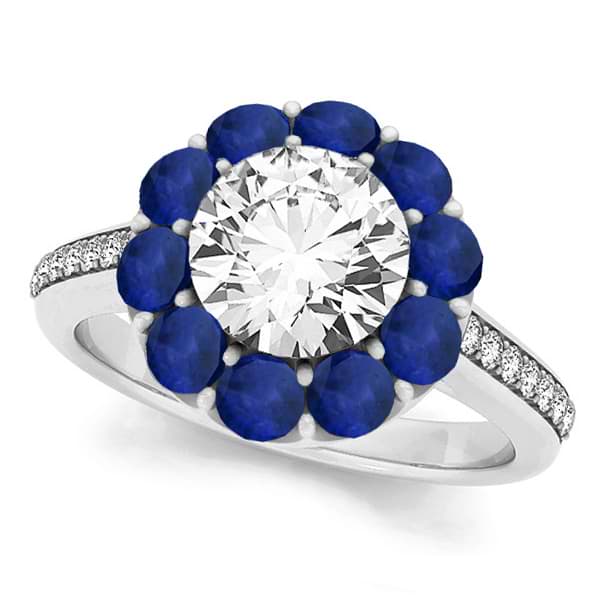 Floral Diamond & Blue Sapphire Halo Engagement Ring Palladium (2.50ct)