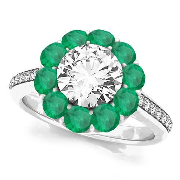 Floral Design Round Halo Emerald Engagement Ring 14k White Gold (2.50ct)