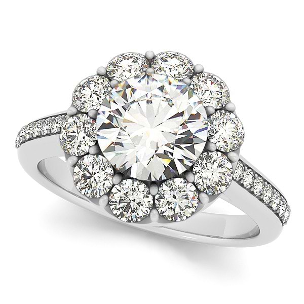 Floral Design Round Halo Engagement Ring 14k White Gold (2.50ct)