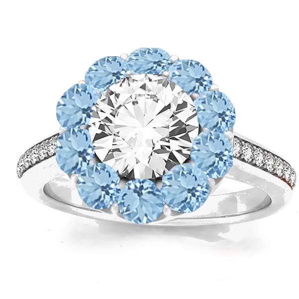 Diamond & Aquamarine Floral Halo Engagement Ring Setting 14k White Gold (1.00ct)