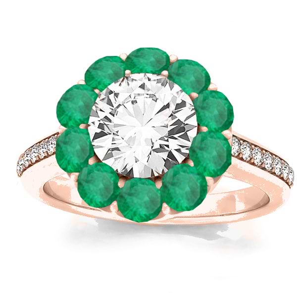 Diamond & Emerald Floral Halo Engagement Ring Setting 14k Rose Gold (1.00ct)