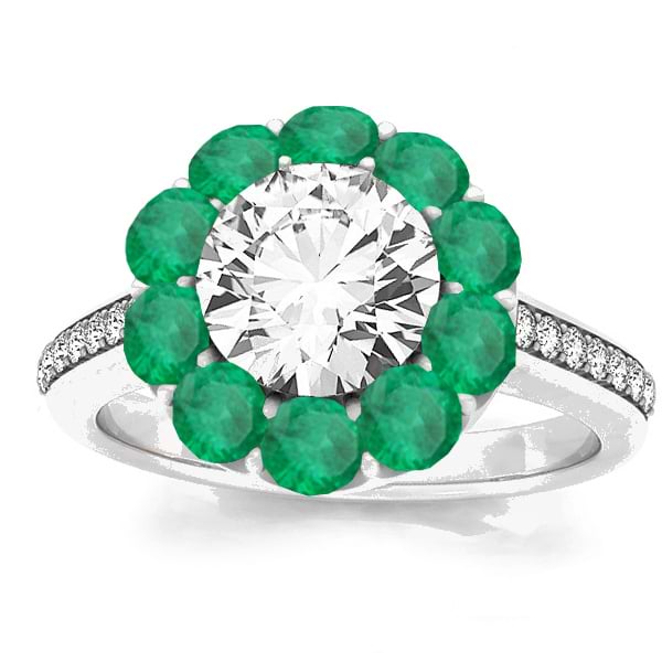 Diamond & Emerald Floral Halo Engagement Ring Setting 14k White Gold (1.00ct)