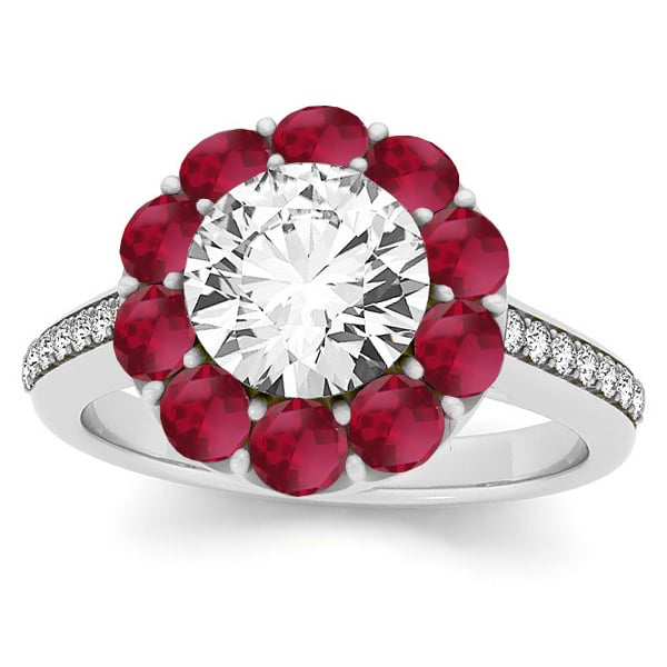 Diamond & Ruby Floral Round Halo Engagement Ring Setting 18k White Gold (1.00ct)