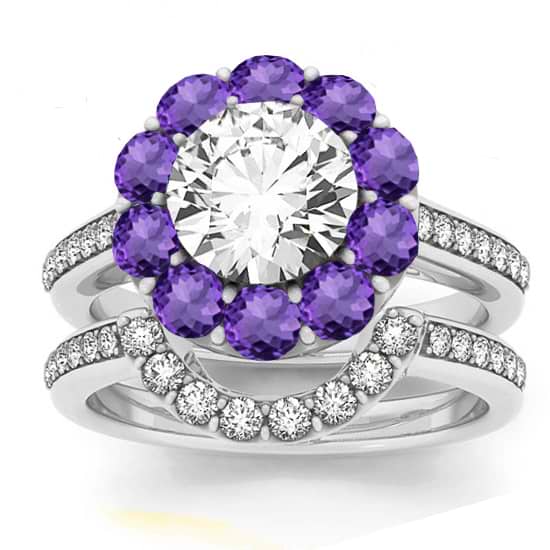 Diamond & Amethyst Floral Halo Bridal Set Setting Platinum (1.23ct)