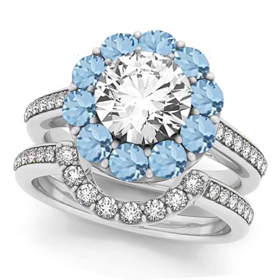 Floral Design Round Halo Aquamarine Bridal Set Platinum (2.73ct)