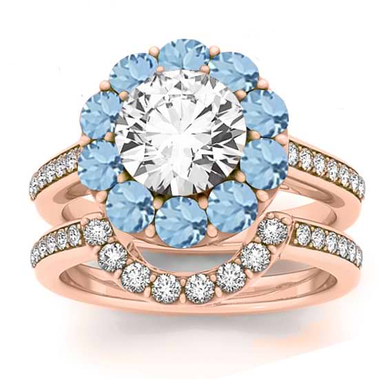 Diamond & Aquamarine Floral Halo Bridal Set Setting 18k Rose Gold (1.23ct)