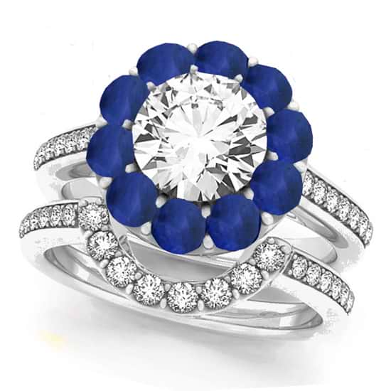 Floral Diamond Halo Blue Sapphire Bridal Set 14k White Gold (2.70ct)