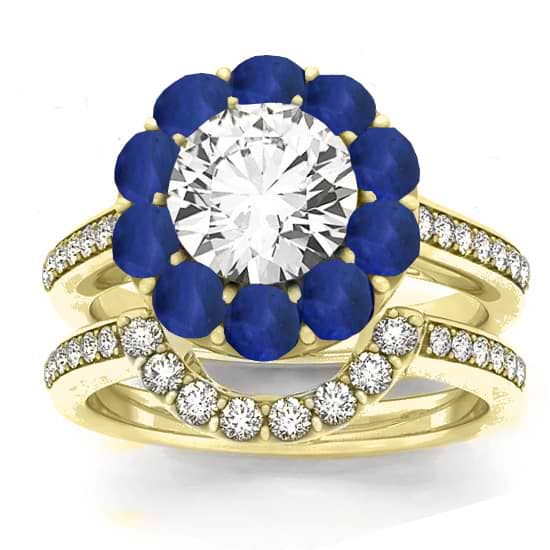 Diamond & Blue Sapphire Floral Bridal Set Setting 18k Yellow Gold (1.23ct)