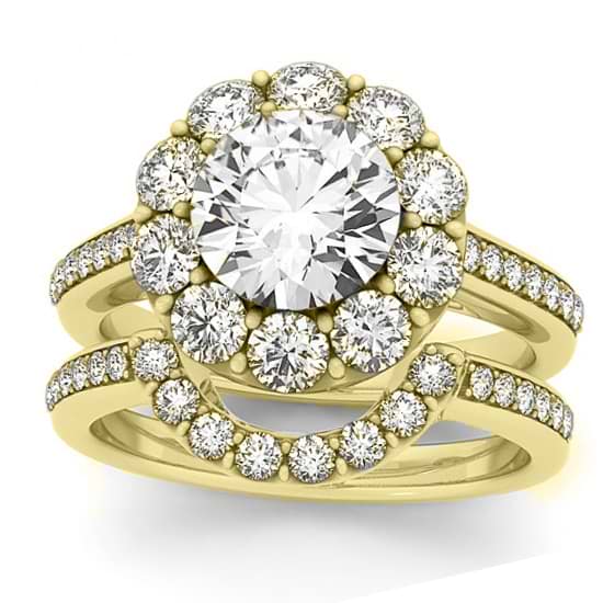 Diamond Floral Round Halo Bridal Set Setting 14k Yellow Gold (1.23ct)