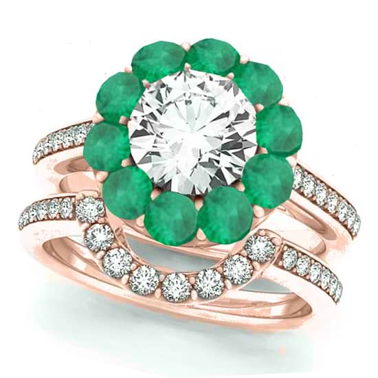 Floral Design Round Halo Emerald Bridal Set 14k Rose Gold (2.73ct)