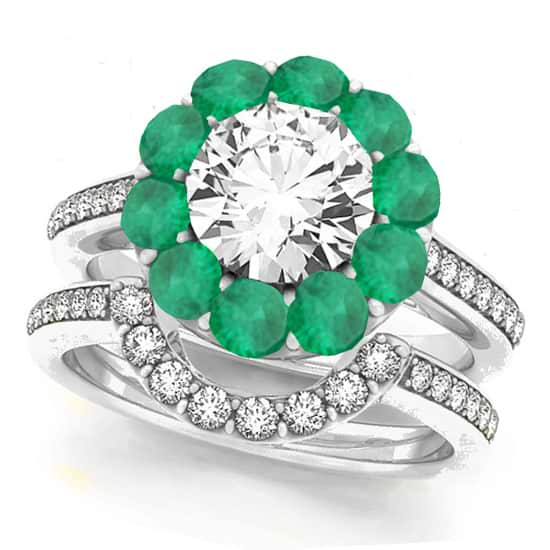 Floral Design Round Halo Emerald Bridal Set Palladium (2.73ct)