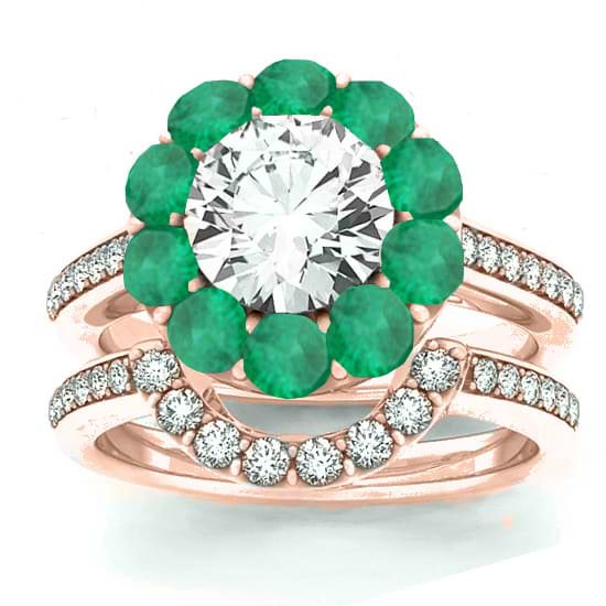 Diamond & Emerald Floral Halo Bridal Set Setting 14k Rose Gold (1.23ct)