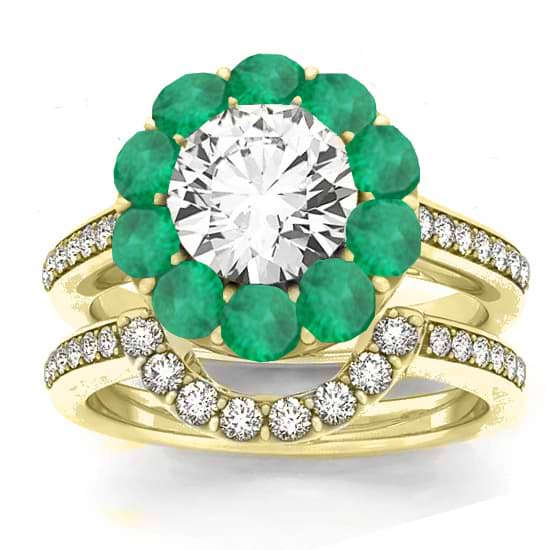 Diamond & Emerald Floral Halo Bridal Set Setting 18k Yellow Gold (1.23ct)