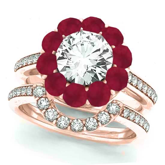 Floral Design Round Halo Ruby Bridal Set 14k Rose Gold (2.73ct)