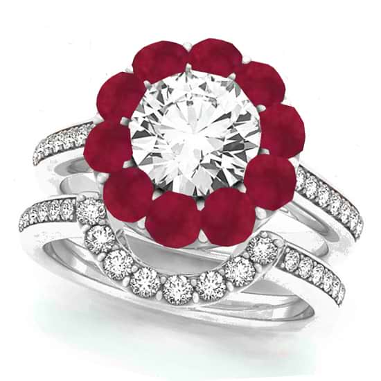 Floral Design Round Halo Ruby Bridal Set 14k White Gold (2.70ct)
