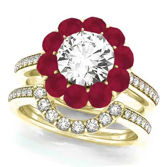 Floral Design Round Halo Ruby Bridal Set 14k Yellow Gold (2.73ct)