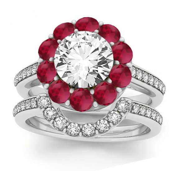 Diamond & Ruby Floral Halo Bridal Set Setting Palladium (1.23ct)