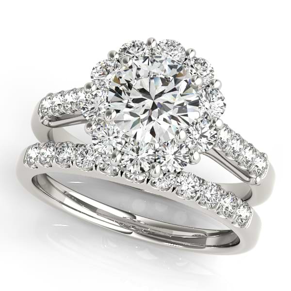 Floral Halo Round Diamond Bridal Set 18k White Gold (2.12ct)