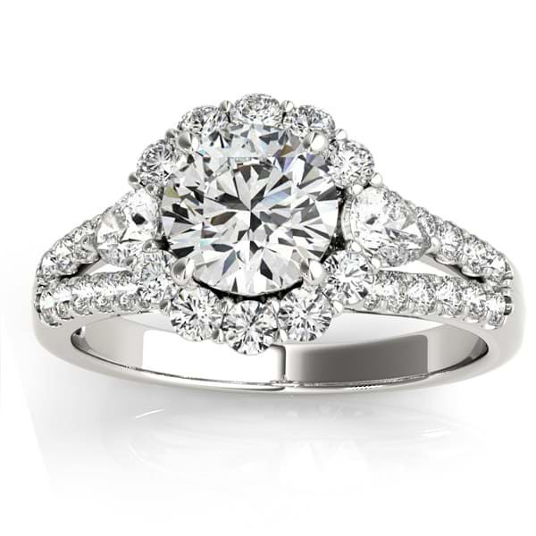 Diamond Halo w/ Pear Accent Engagement Ring 18k White Gold 0.91ct
