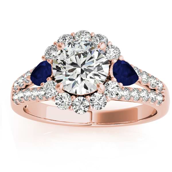 Diamond Halo w/ Blue Sapphire Pear Ring 14k Rose Gold 0.91ct