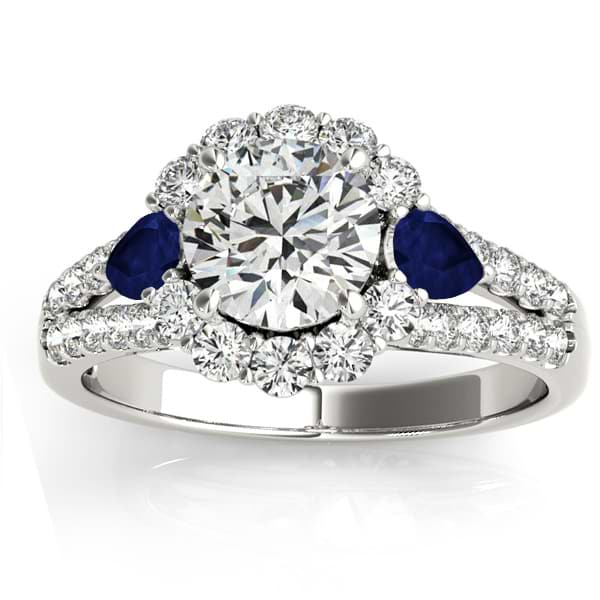 Diamond Halo w/ Blue Sapphire Pear Ring 14k White Gold 0.91ct