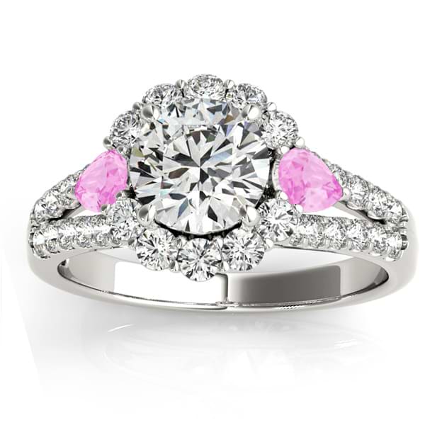Diamond Halo w/ Pink Sapphire Pear Ring 14k White Gold 0.91ct