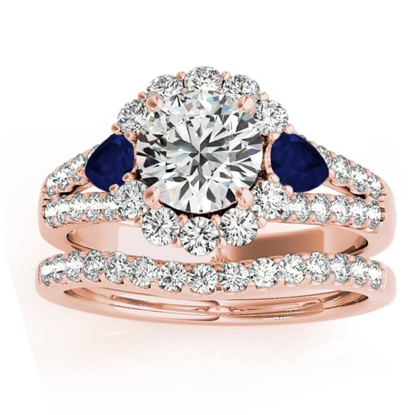 Diamond Halo w/ Blue Sapphire Pear Bridal Set 14k Rose Gold 1.17ct