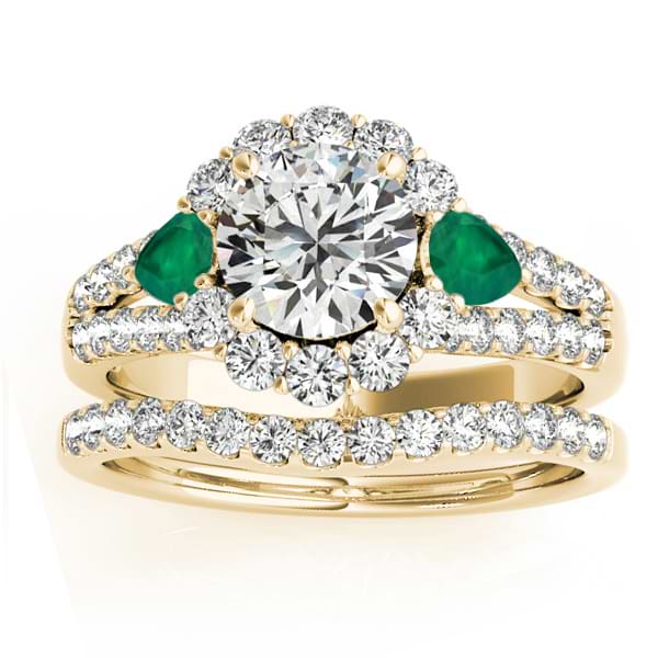 Diamond Halo w/ Emerald Pear Bridal Set 14k Yellow Gold 1.17ct