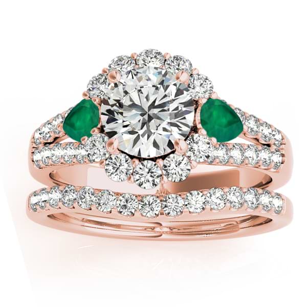 Diamond Halo w/ Emerald Pear Bridal Set 18k Rose Gold 1.17ct
