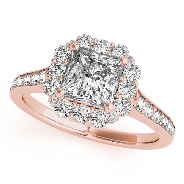 Princess Cut & Floral Halo Diamond Bridal Set 14k Rose Gold (1.58ct)