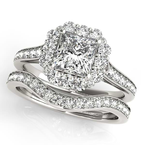 Princess Cut & Floral Halo Diamond Bridal Set 14k White Gold (1.58ct)