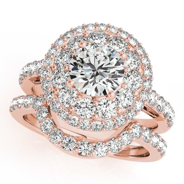 Double Halo Diamond Engagement Ring Bridal Set 18k Rose Gold (2.33ct)
