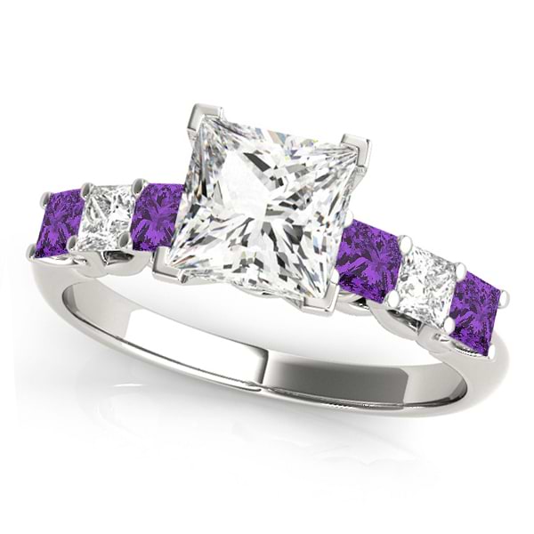 Princess Moissanite Amethysts & Diamonds Engagement Ring 14k White Gold (2.10ct)