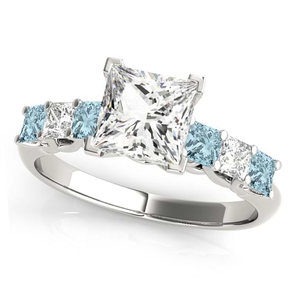 Princess Moissanite Aquamarines & Diamonds Engagement Ring 14k White Gold (1.60ct)