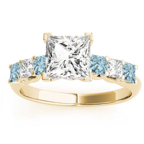 Princess Diamond & Aquamarine Engagement Ring 18k Yellow Gold 0.60ct