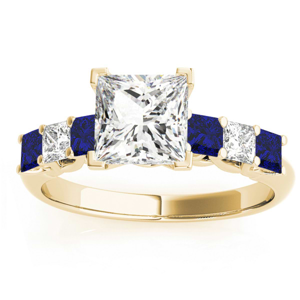 Princess Diamond & Blue Sapphire Engagement Ring 18k Yellow Gold 0.60ct