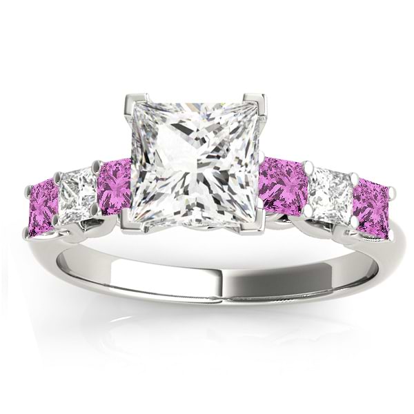 Princess Diamond & Pink Sapphire Engagement Ring 14k White Gold 0.60ct