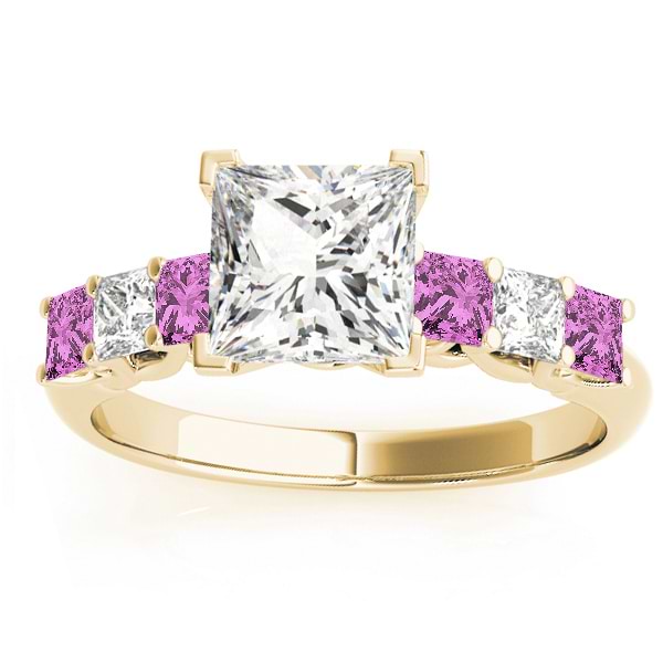 Princess Diamond & Pink Sapphire Engagement Ring 18k Yellow Gold 0.60ct