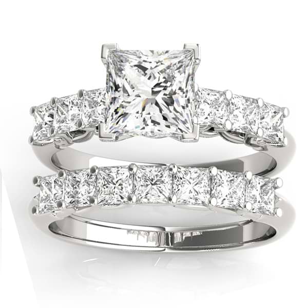 1.30 Ct Princess Engagement Wedding Ring Set Real 14K White Gold Matching Band 